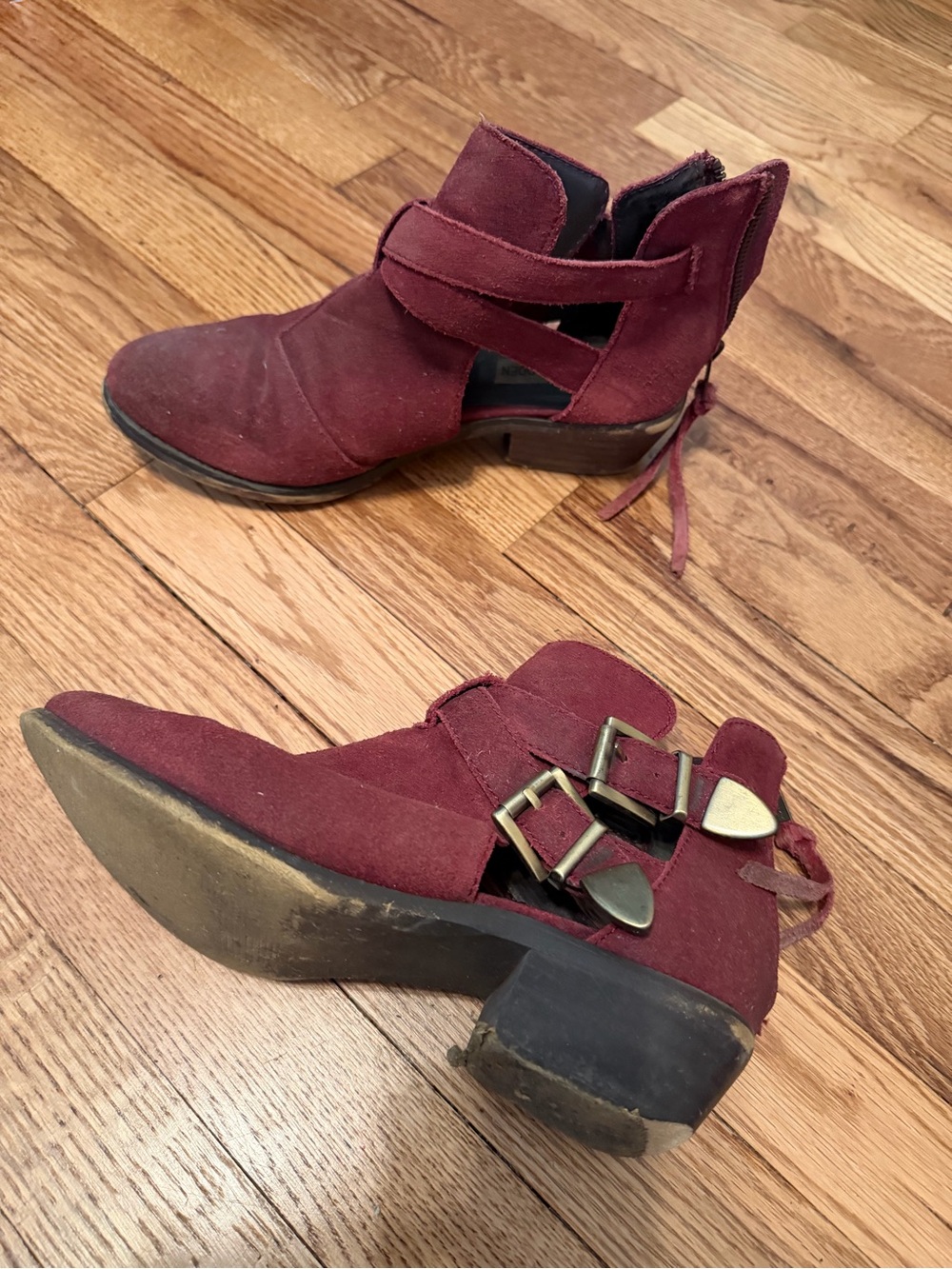 Steve Madden Burgundy Suede Cutout Ankle Booties with Buckle Accents